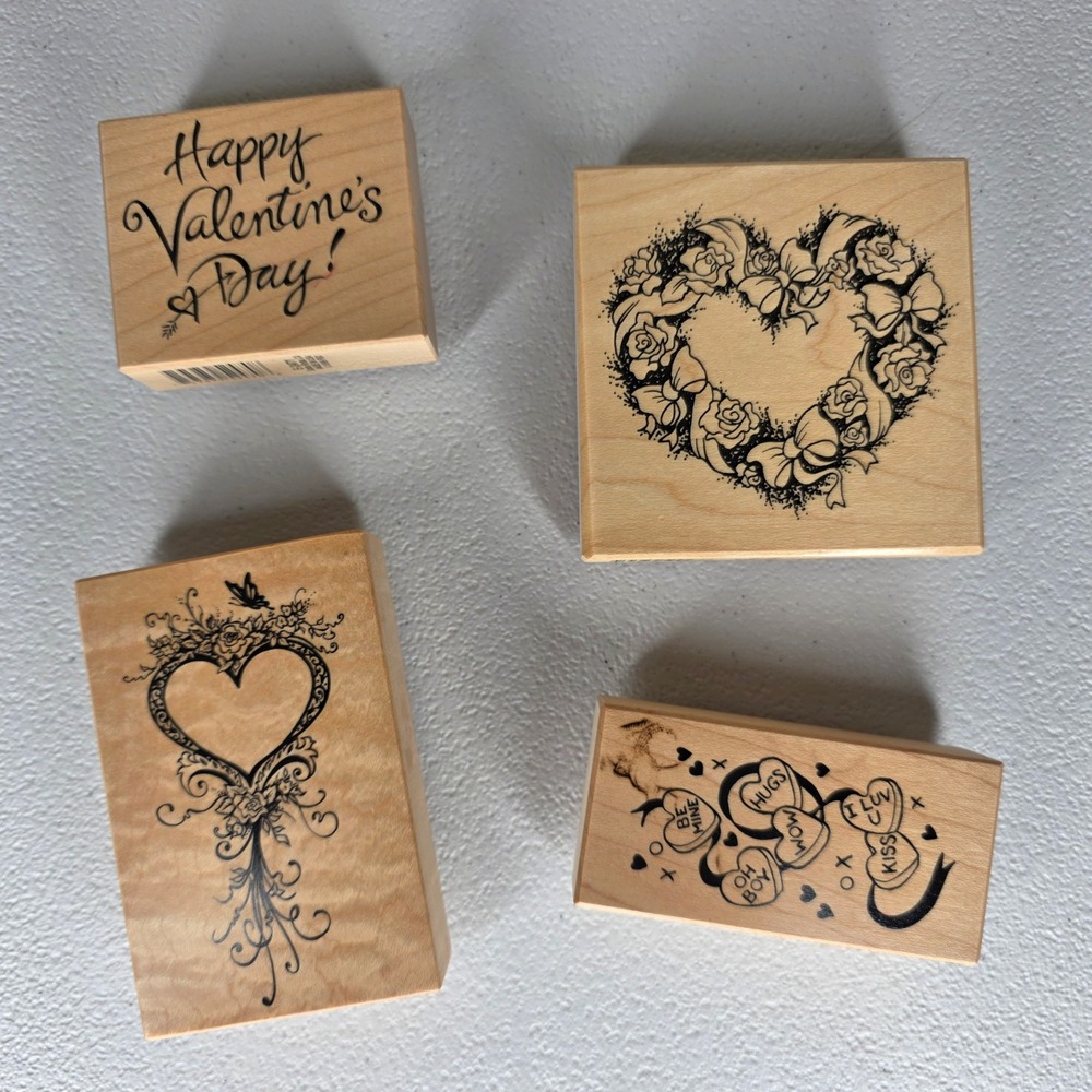 PSX Rubber Stamps Wood Mounted Valentine Heart 4pc Set 1999 2000